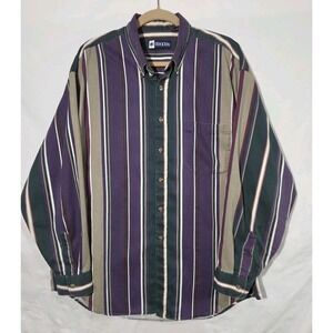 Mens 90s Stockton Western Shirt XL Vertical Striped Button Up Purple, Green Tan